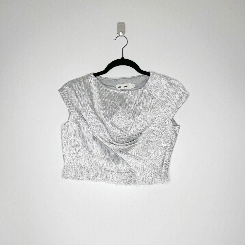 XU ZHI Fringe Crop Blouse Top Cap Sleeve Womens Silver Gray Size 8